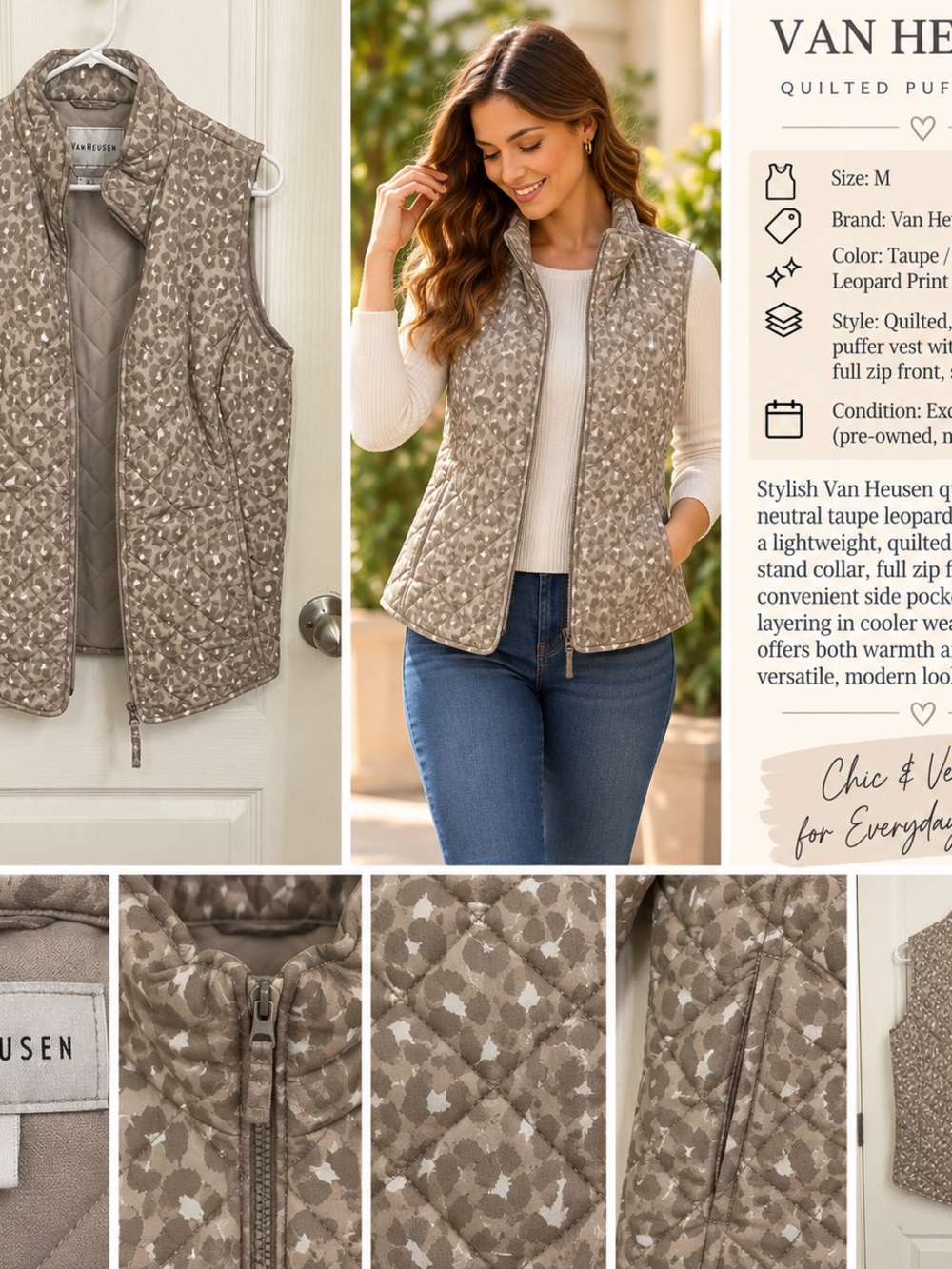 Van Heusen Taupe Leopard Quilted Puffer Vest